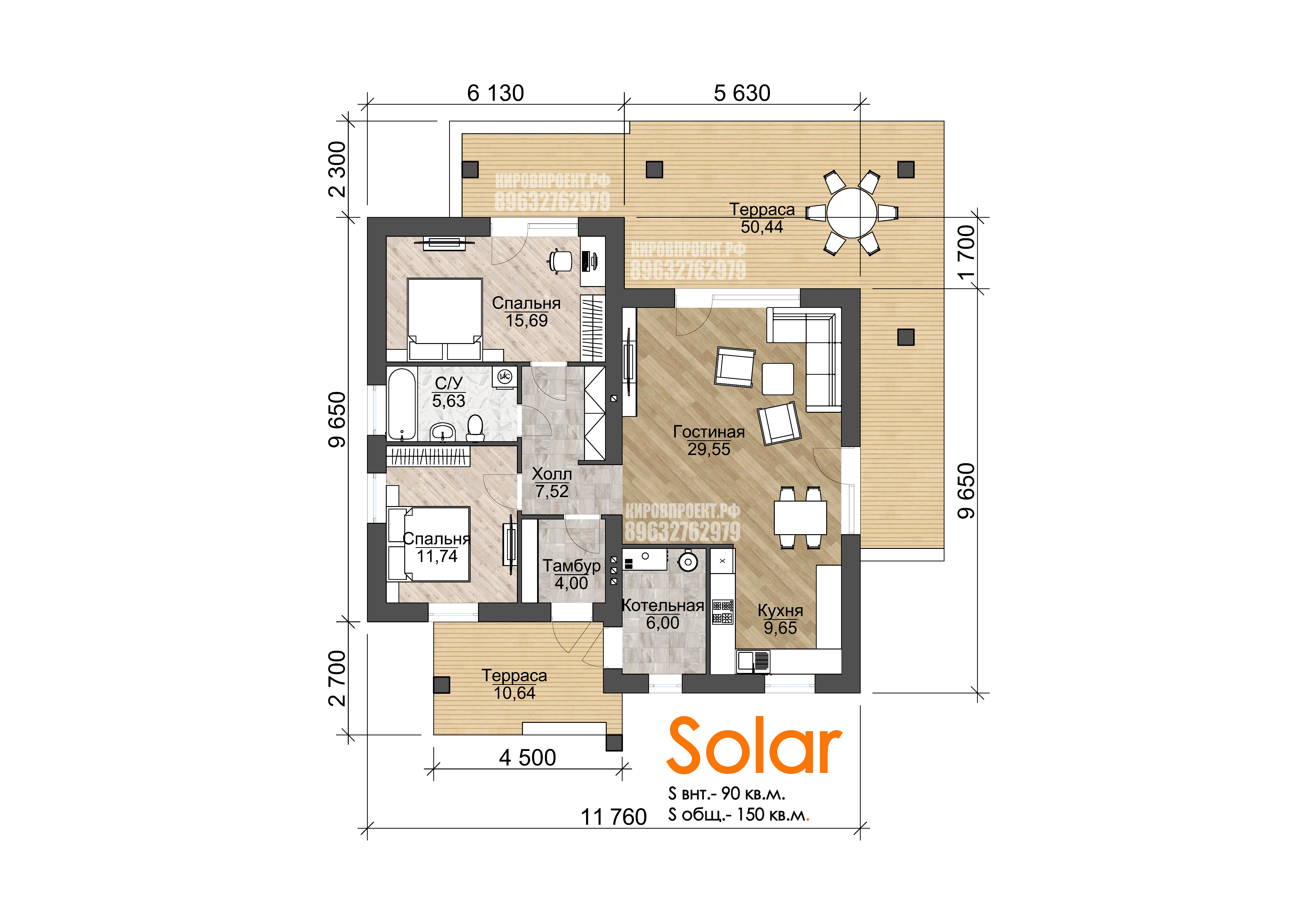 Готовый проект одноэтажного дома в стиле хай-тек Solar площадью 90 кв.м. из  газобетона